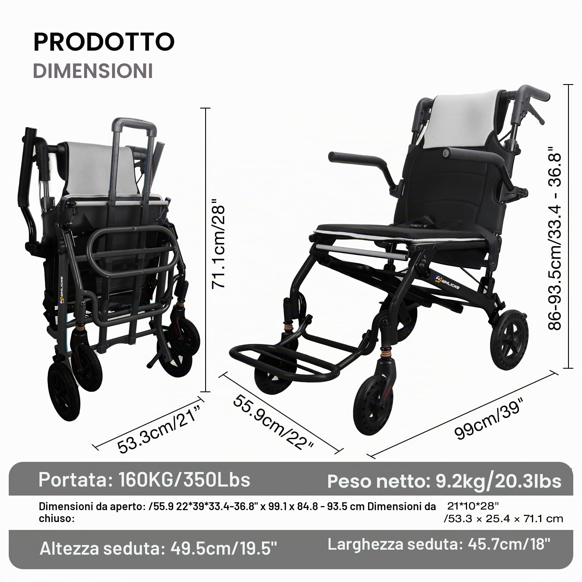 Sedia a Rotelle per Adulti Sedia da Trasporto Leggera Pieghevole con Manico Telescopico, Larghezza Seduta 46cm Sedie a Rotelle da Viaggio Pieghevoli Portatili per Anziani