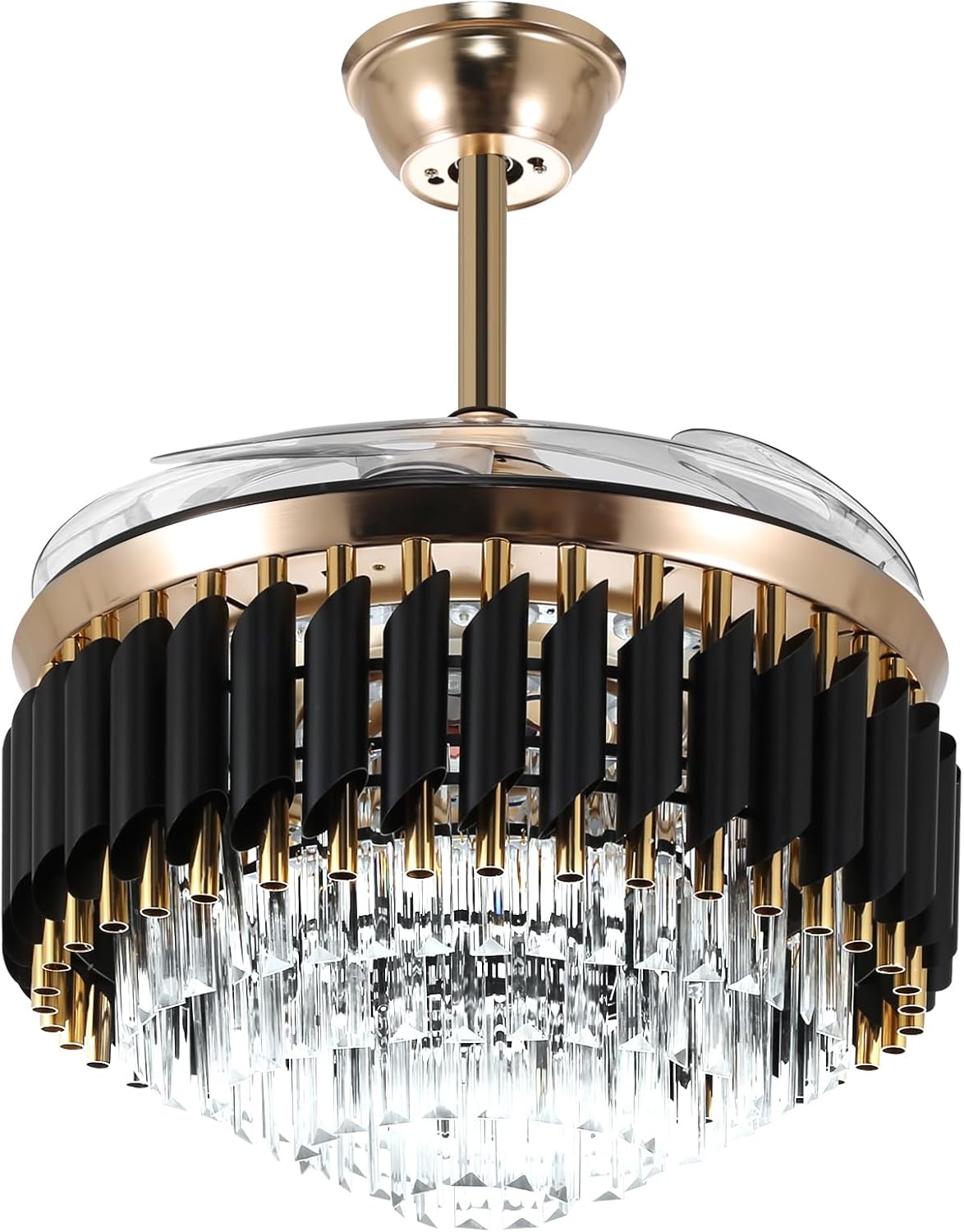 Ridgeyard 42" Crystal Ceiling Fan with Light, 3 Color 6 Speed Led Fan Chandelier Pendant Light with 4 Invisible Retractable Blades & App Remote Control for Living Dining Room Bedroom - Black Gold