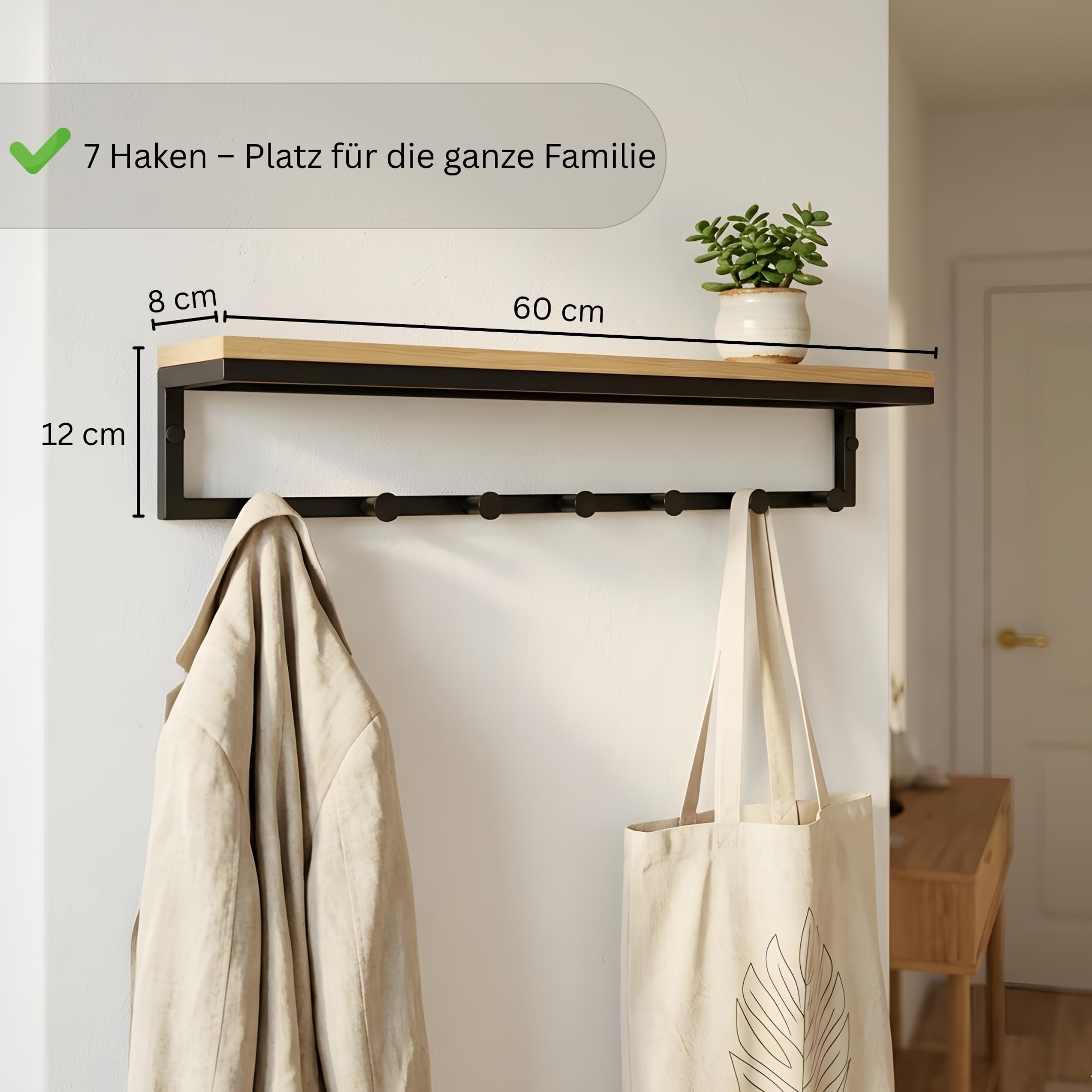 Wandgarderobe mit Ablage 60 cm – 7 Haken Schwarz – Flurgarderobe Metall & Eichendekor – Garderobenleiste Wand – Hakenleiste Schlüsselbrett flur möbel
