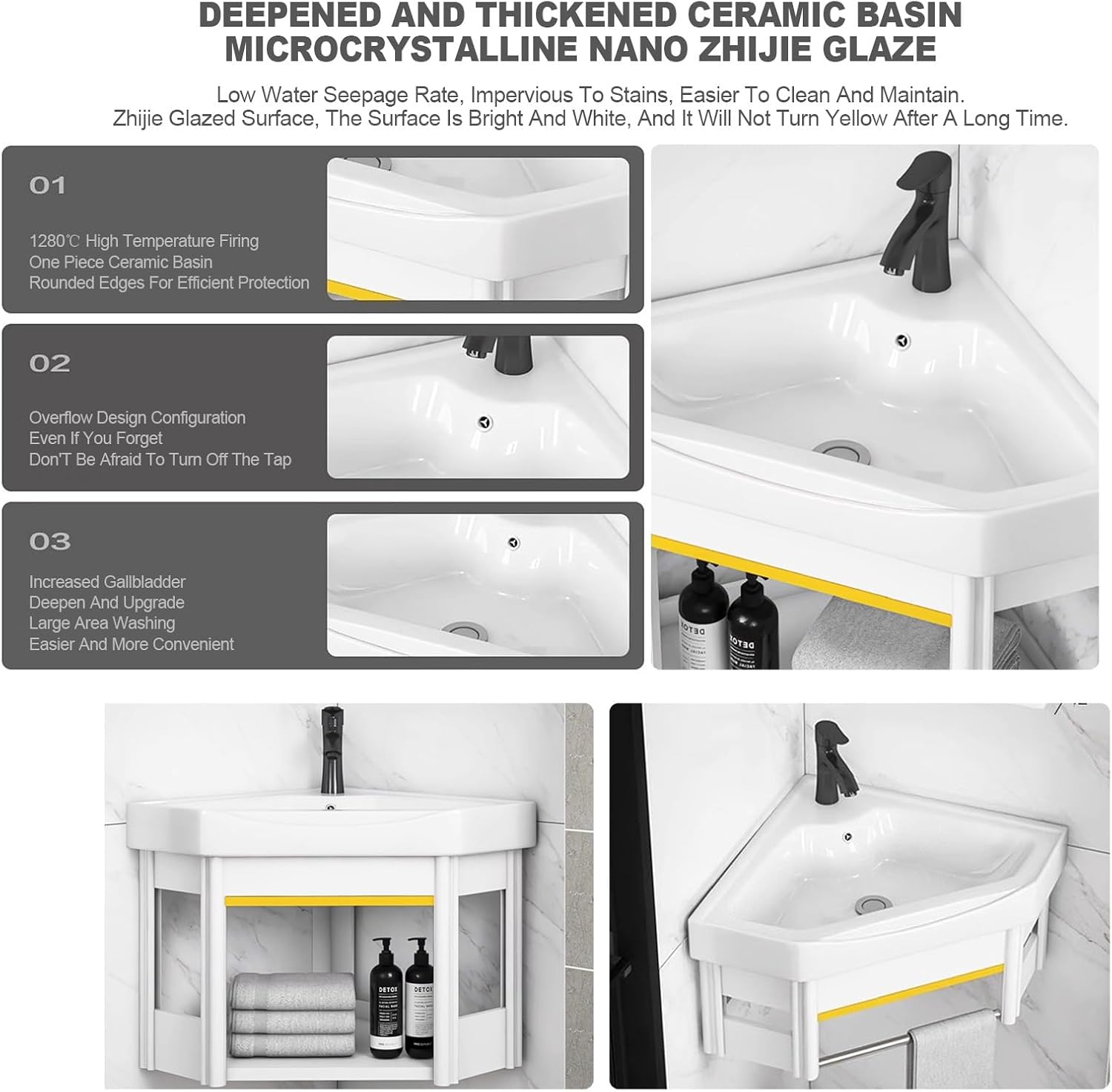 Wall Mount Corner Sink Ceramic Vessel Sink Small Corner Sink with Cold and Hot Water Pipe Faucet and Drain Towel Bar for Farmhouse Cloakroom Small Bathroom Corner Bathroom Sink. ( Size : 45x38x24cm )