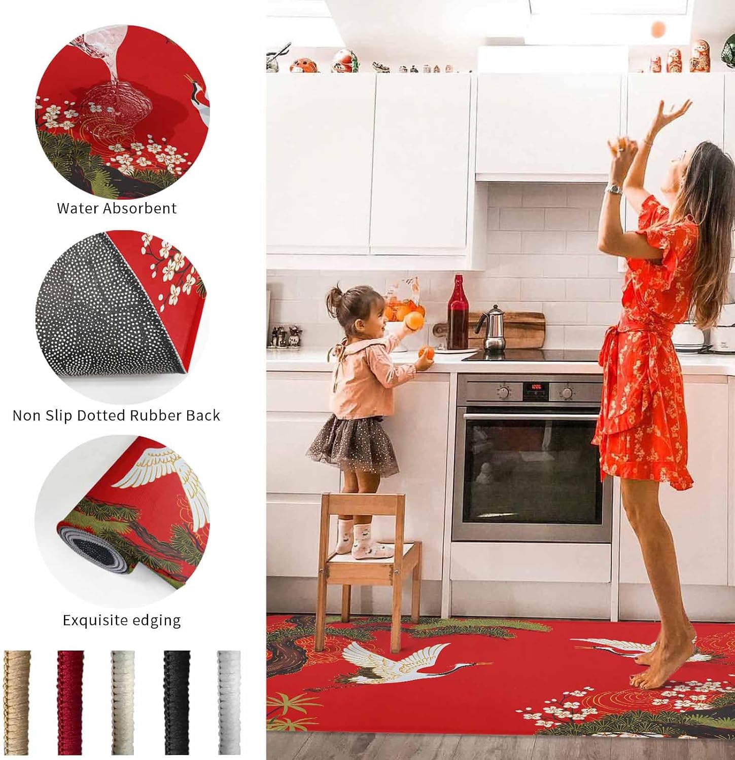 Kitchen Runner Rug, Retro Crane Pine Flower on Red Non Slip Runner Carpet Door Mats Floor Mat for Laundry Bedside Bathroom Bedroom Set of 2 Asian Chinese Pastoral Scenic