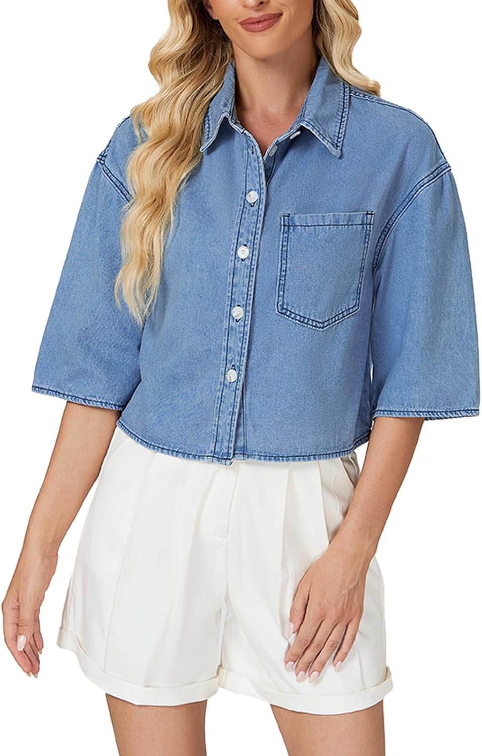 Women’s Cropped Denim Shirt Button Down Half Sleeve Casual Jean Jacket Lightweight Collared Summer Jean Top with Pocket