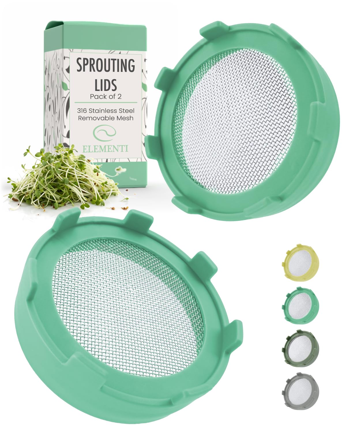 Elementi Sprouting Lids for Wide Mouth Mason Jars (Set of 2), Sprouting Kit for Organic Sprouts, Alfalfa & Mung Bean Sprouts Grow Kit, 316 Stainless Steel Mesh Screen Strainer Lid (Mint Green)