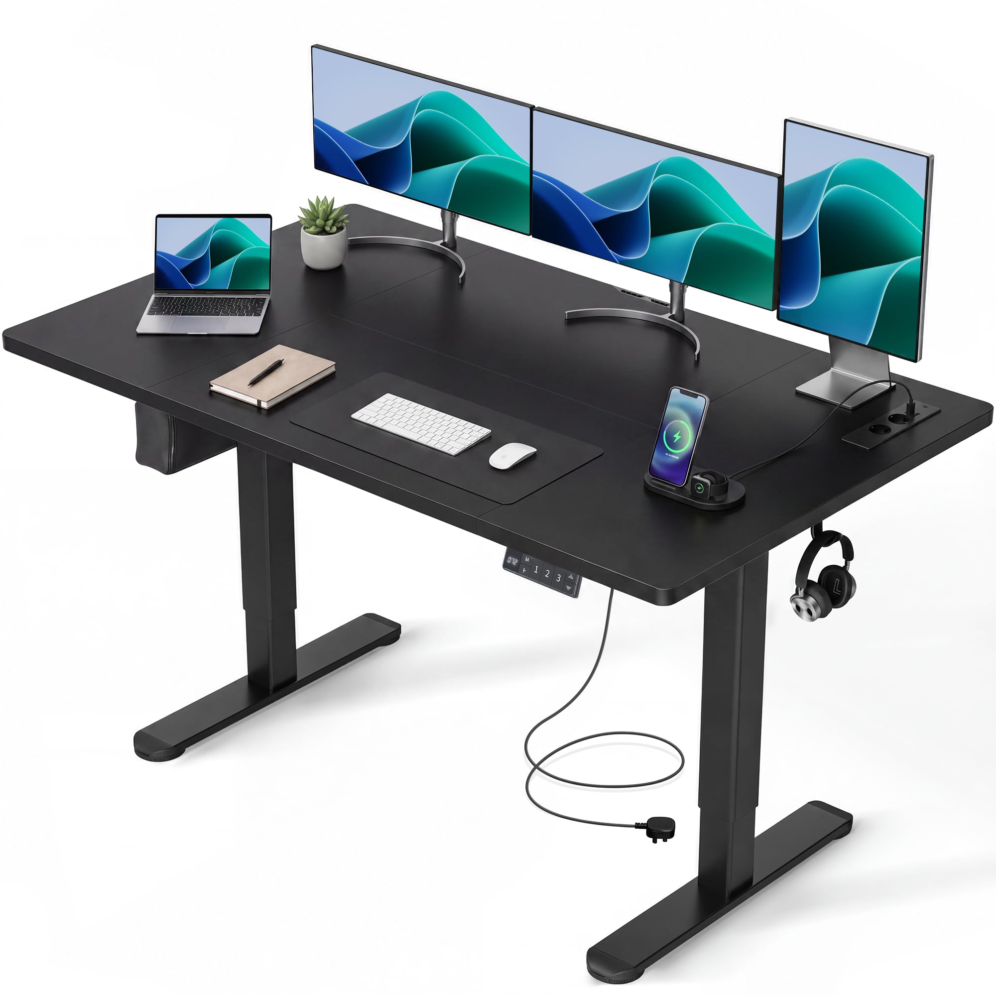 Claiks Höhenverstellbarer Schreibtisch mit Steckdosen 160 x 80 cm, Schwarz | 80kg Tragkraft, Integrierte Ladestation, Kabelmanagement-Box inklusive, Ergonomisches Sitzen-Stehen für Homeoffice & Gaming.