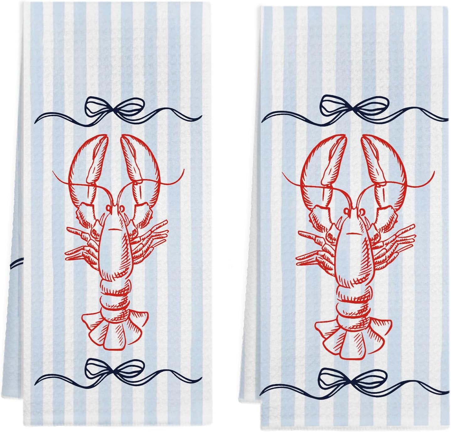 Blue Lobster Kitchen Towels, New England Nautical Red Lobster Party Dish Tea Towels for Kitchen Decor, Coquette Blue Bow Beach Crawfish Decorative Hand Towel for Bathroom, 16x24 Inch Set of 2