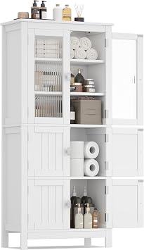 Akxomel 53.1" H Tall Bathroom Storage Cabinet, Bathroom Floor Cabinet with 6 Doors and Adjustable Shlef, Linen Cabinet, Pantry Cabinet for Living Room, Kitchen, Entryway, White