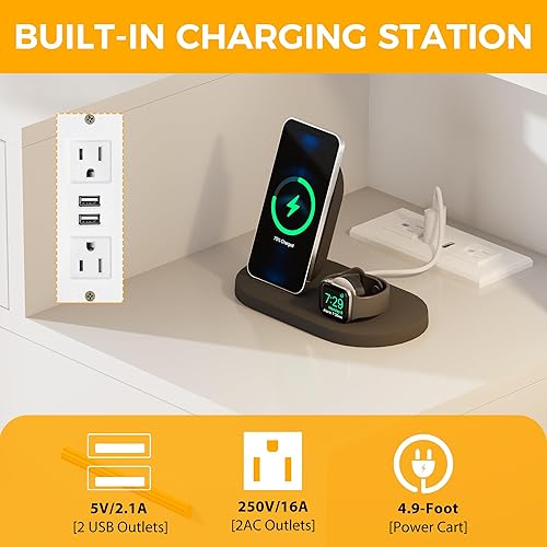 Miniatura 4 de BEWISHOME Escritorio grande con espejo y luces, mesa de maquillaje blanca con toma de corriente, escritorio de maquillaje con 8 cajones, 7 estantes