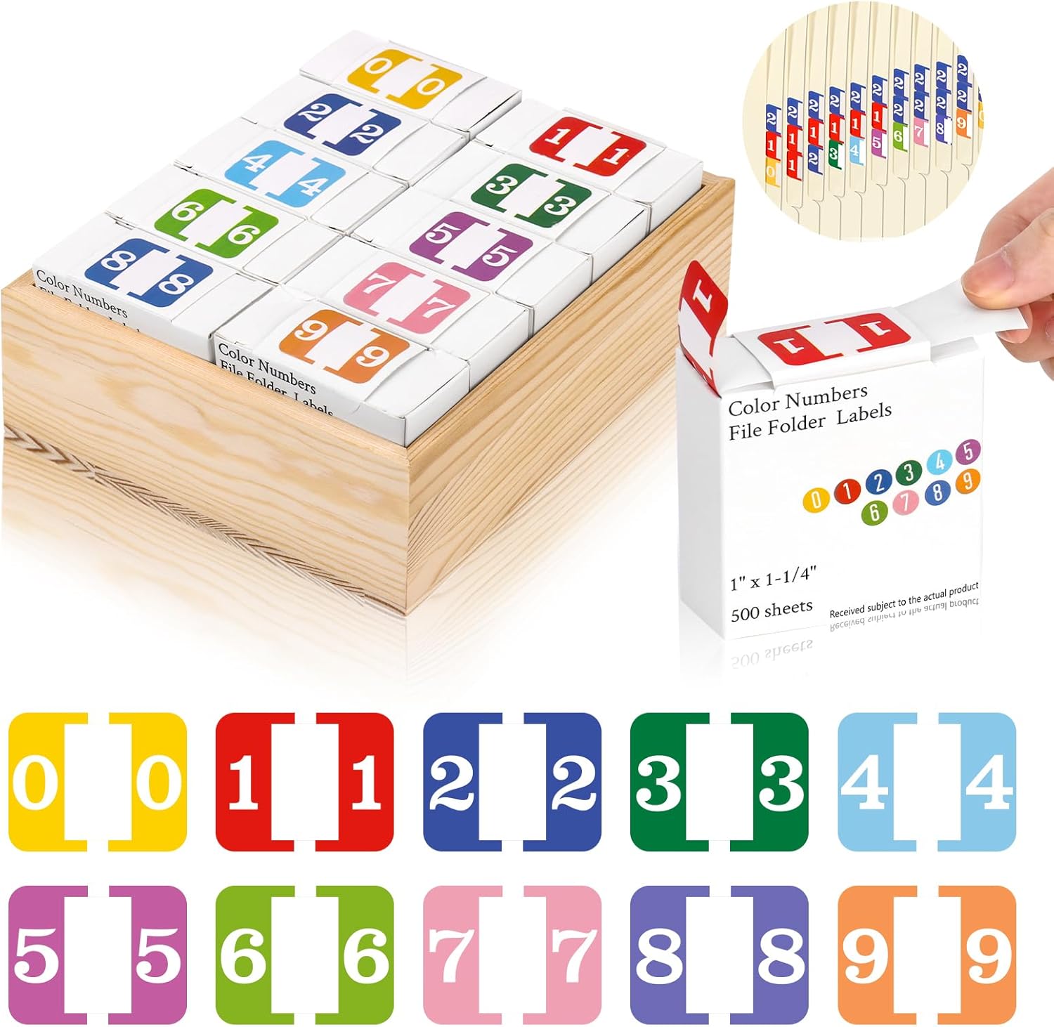 10 Rolls Number File Folder Labels Set Color Series Chart Stickers with Wooden Tray Set of Numbers 0-9 File Labels for File Folders Number Label Index Numeric Labels Index Stickers for Office School