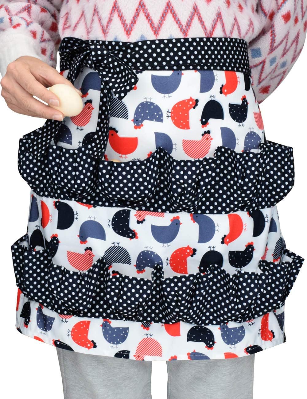 Floosum Egg Collecting Gathering Apron with Deep Pockets, Black Dot Canvas Waterproof Apron Egg Holder for Hen Duck