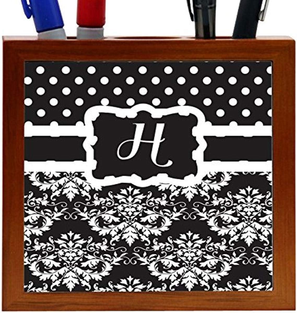 Rikki Knight Rikki Knight Initial "H" Black & White Damask Dots Design 5-Inch Tile Wooden Tile Pen Holder (RK-PH44434)