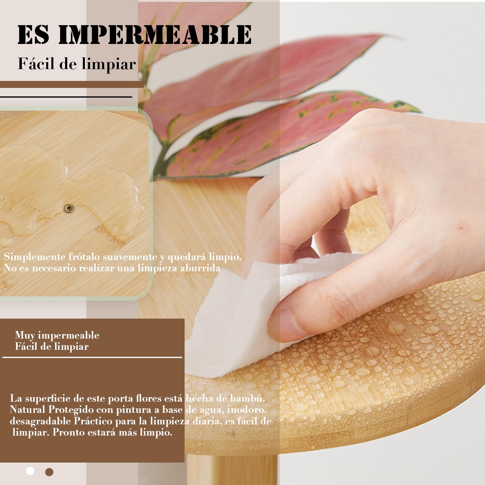 Soporte para flores de bambú con ruedas, 5 niveles, 90 cm, estantería esquinera de madera para plantas, para balcón y exterior, chasis de 33 cm de diámetro