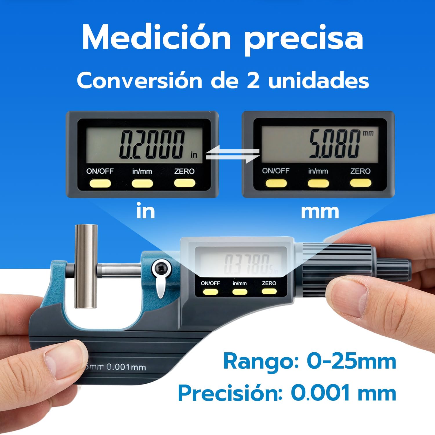 Mcbazel Micrómetro Digital de Alta Precisión con LCD 0-25 mm, Calibrador Electrónico Digital Pulgadas/Métricas, Precisión de 0.001 mm, Herramienta de Medición de Espesor y Longitud