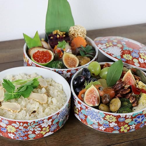 Miniatura 9 de JAPAN IMPORTS NOW Caja Bento japonesa tradicional, 3 niveles, Kutani Ware SK453 (diseño de flor negra)