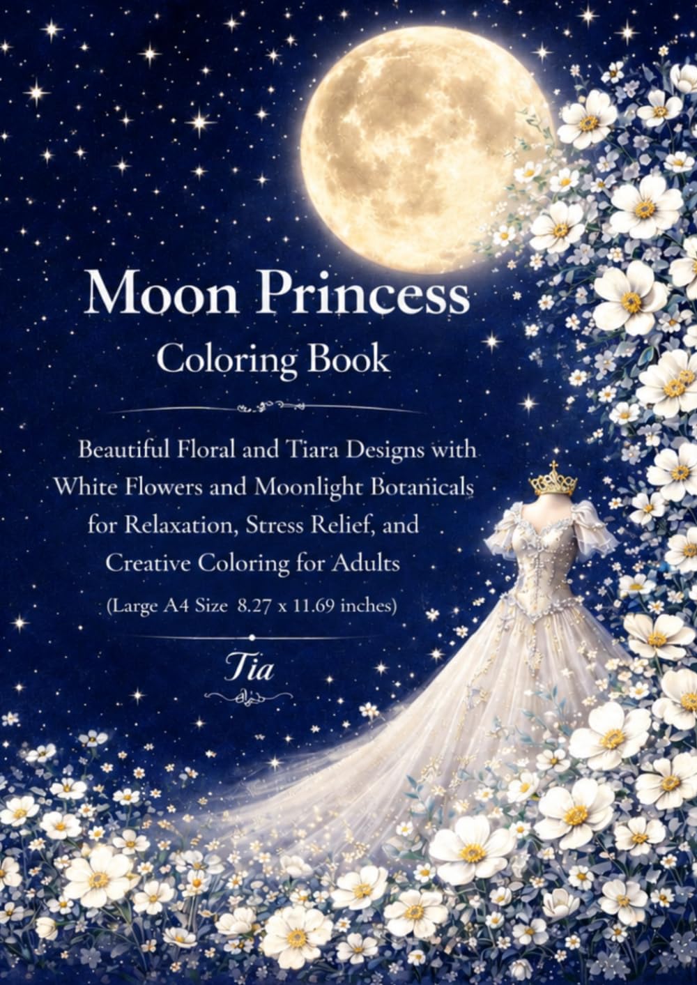 Moon Princess Coloring Book: Beautiful Floral and Tiara Designs with White Flowers and Moonlight Botanicals for Relaxation Stress Relief and Creative ... Adults (Floreveil Princess Coloring Series)