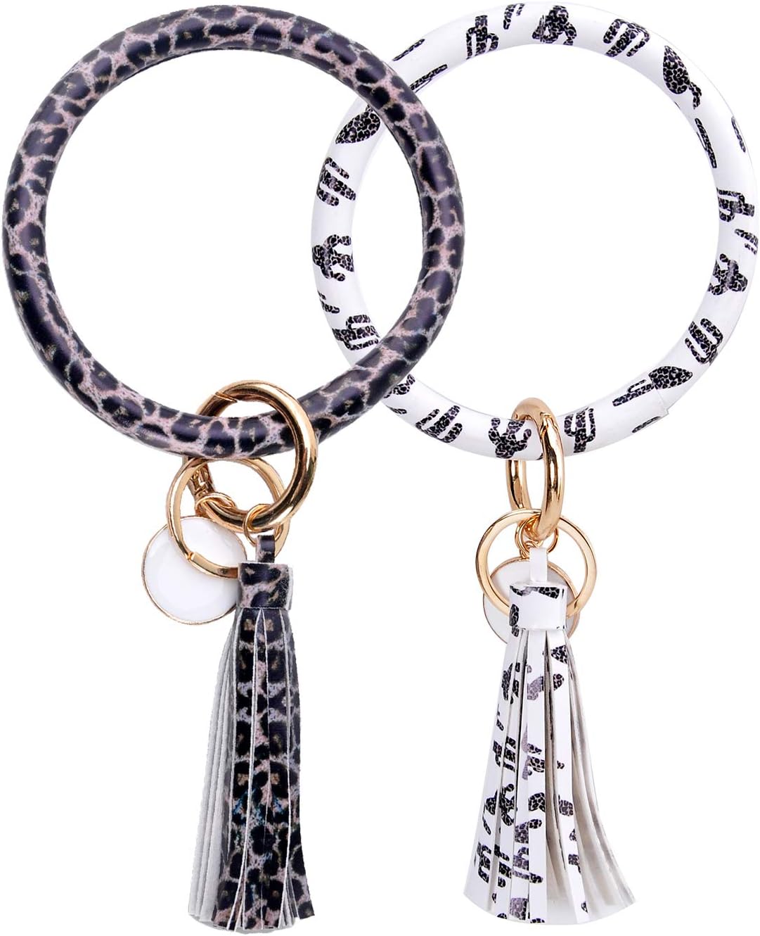 2 Pcs Set Wristlet Keychain Bracelet Bangle Keyring - Large Circle Key Ring Leather Tassel Bracelet Key Chain Holder For Women Girl (Leopard & Cactus)