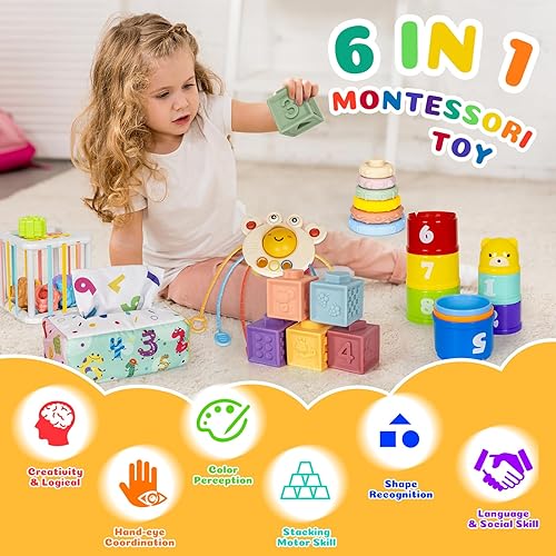Miniatura 2 de Juguetes Montessori 6 en 1 para bebés de 6 a 12 meses, bloque apilable, suave, forma de anillo para bebé, aprendizaje sensorial, cubo de tirar de