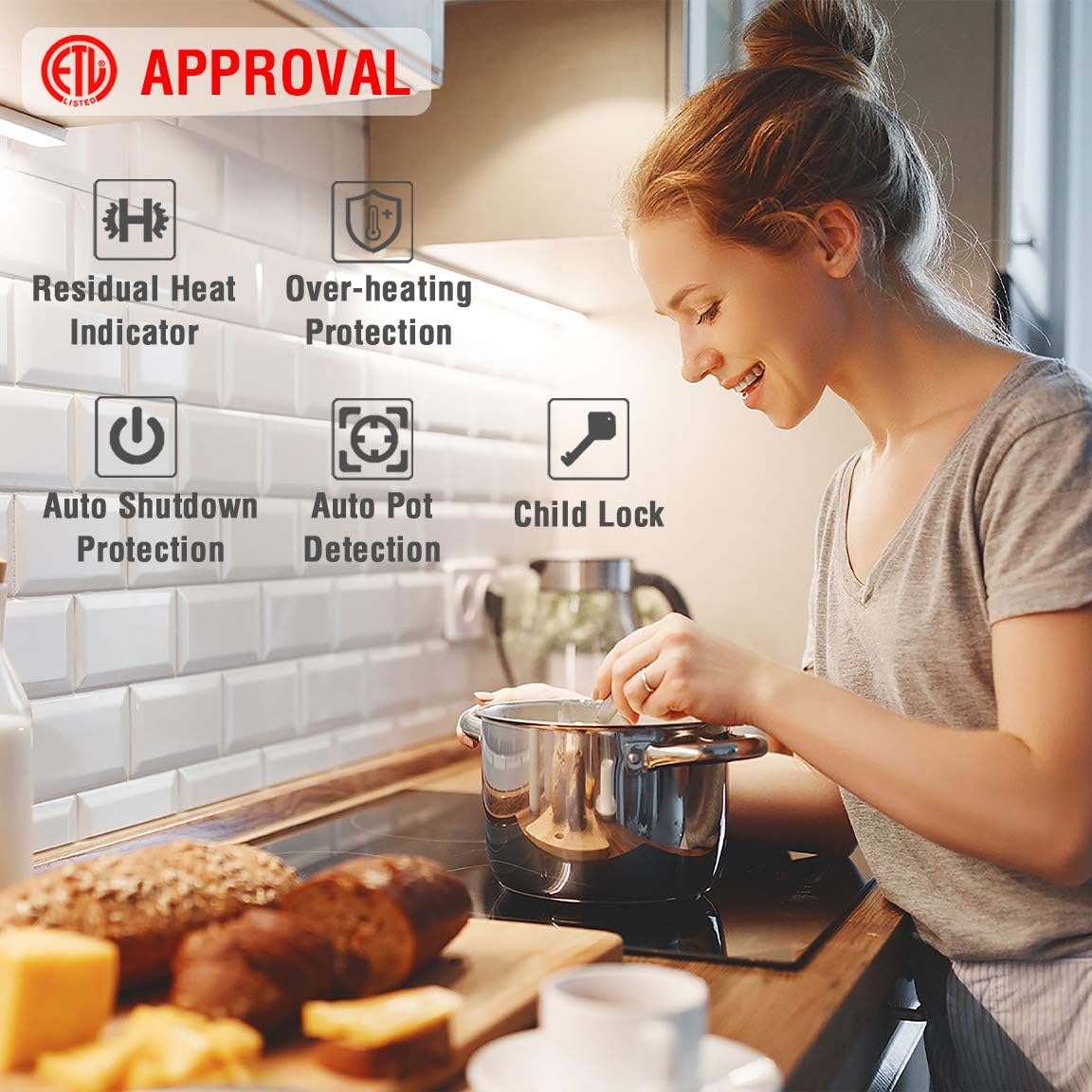 Diagram showing safety features of the ECOTOUCH induction cooktop: Residual Heat Indicator, Over-heating Protection, Auto Shutdown Protection, Auto Pot Detection, and Child Lock.