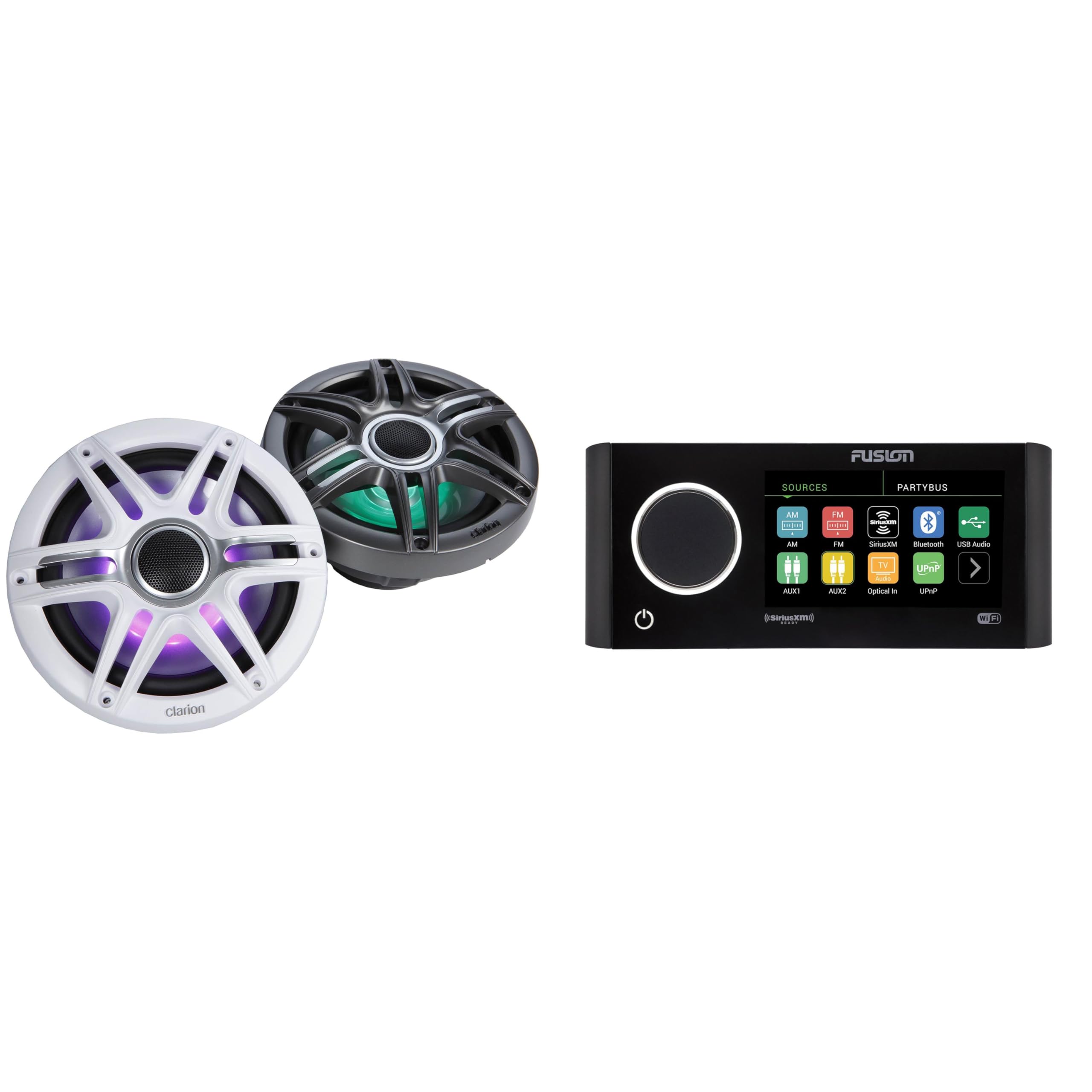 Fusion MS-RA770 Apollo Source Unit w/Clarion CMSP-771RGB-SWG Premium 7.7-inch Coaxial Marine Speakers with Built-in RGB Illumination (Includes White & Gray Sport Grilles)
