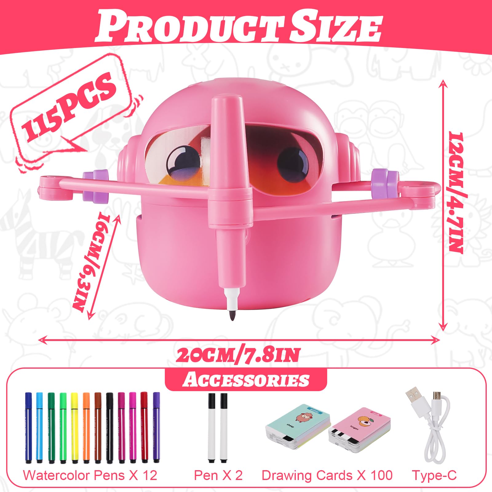 Roboticador de Dibujos para Niños,Drawing Robot Educativo Interactivo con Interacción de Voz,100 Tarjetas y 14 Lápices,Robots Inteligente Juguete,para Niños Niñas 3+ Años (Rosa)