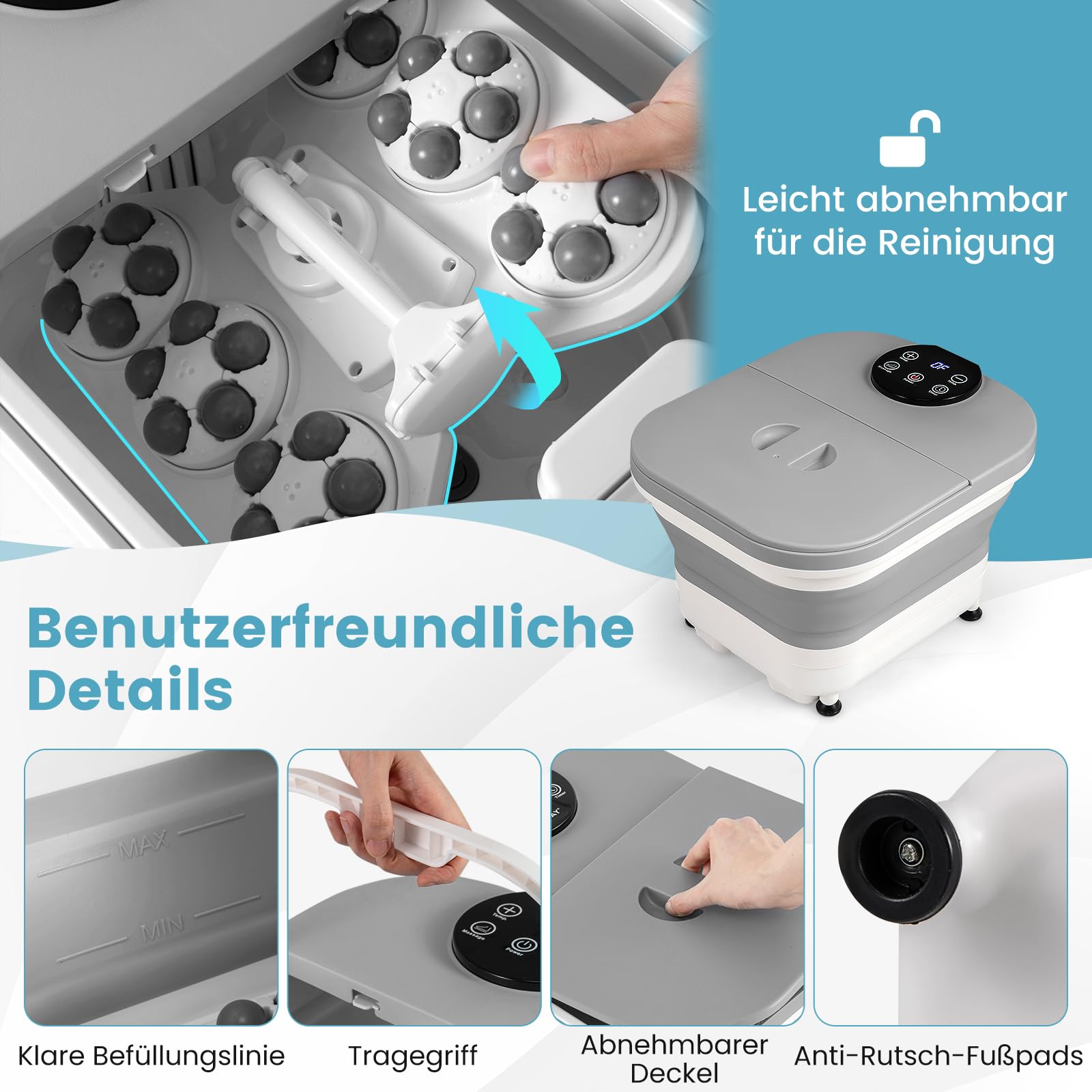 GOPLUS Fußmassagegerät klappbar, Fussbadewanne mit Massage, Fußbad elektrisch - 35-48℃ Temperaturregelung | Dusch- & Heizfunktion | Timer | 30 Massagerollen - Fußbad Massagegerät zur Stresslinderung