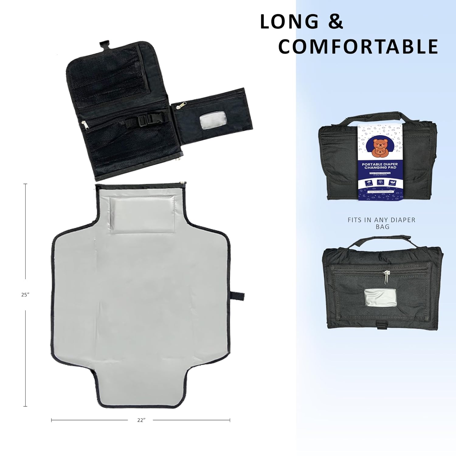 Portable Diaper Changing Pad, Waterproof Travel Baby Changing Mat with Wipes Pocket, Compact Foldable, Gift for Babyshower, Newborn Boys & Girls (Black) image 2 of 5 B0DNBNKST5