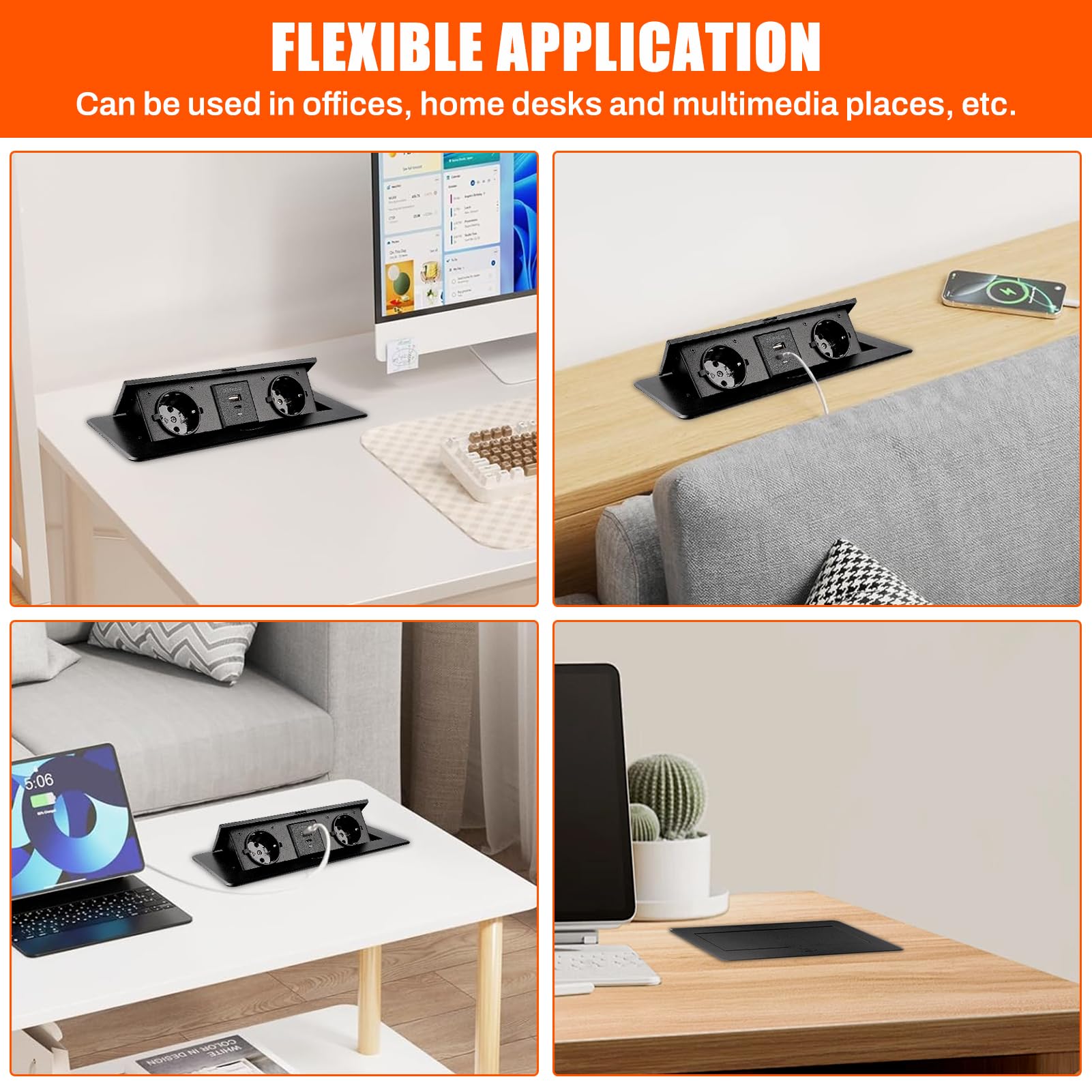 Multipresa da Incasso a Scomparsa con 2 Prese Schuko e USB | 1 USB A e 1 USB C, PD18 W, Cavo 1,8 M, Ciabatta Elettrica a Scomparsa per piano di lavoro, cucina, ufficio, nero