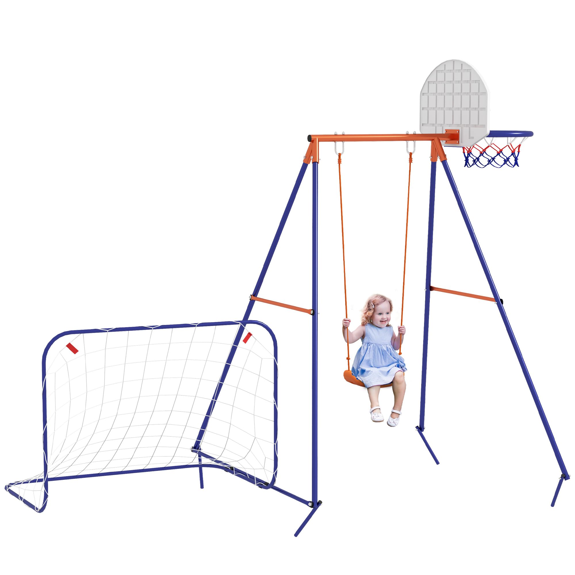 Outsunny Columpio Infantil 3 en 1 Columpio para Niños de 3-8 Años con Canasta y Portería de Fútbol Desmontable Marco de Acero Carga 45 kg para Exterior Multicolor