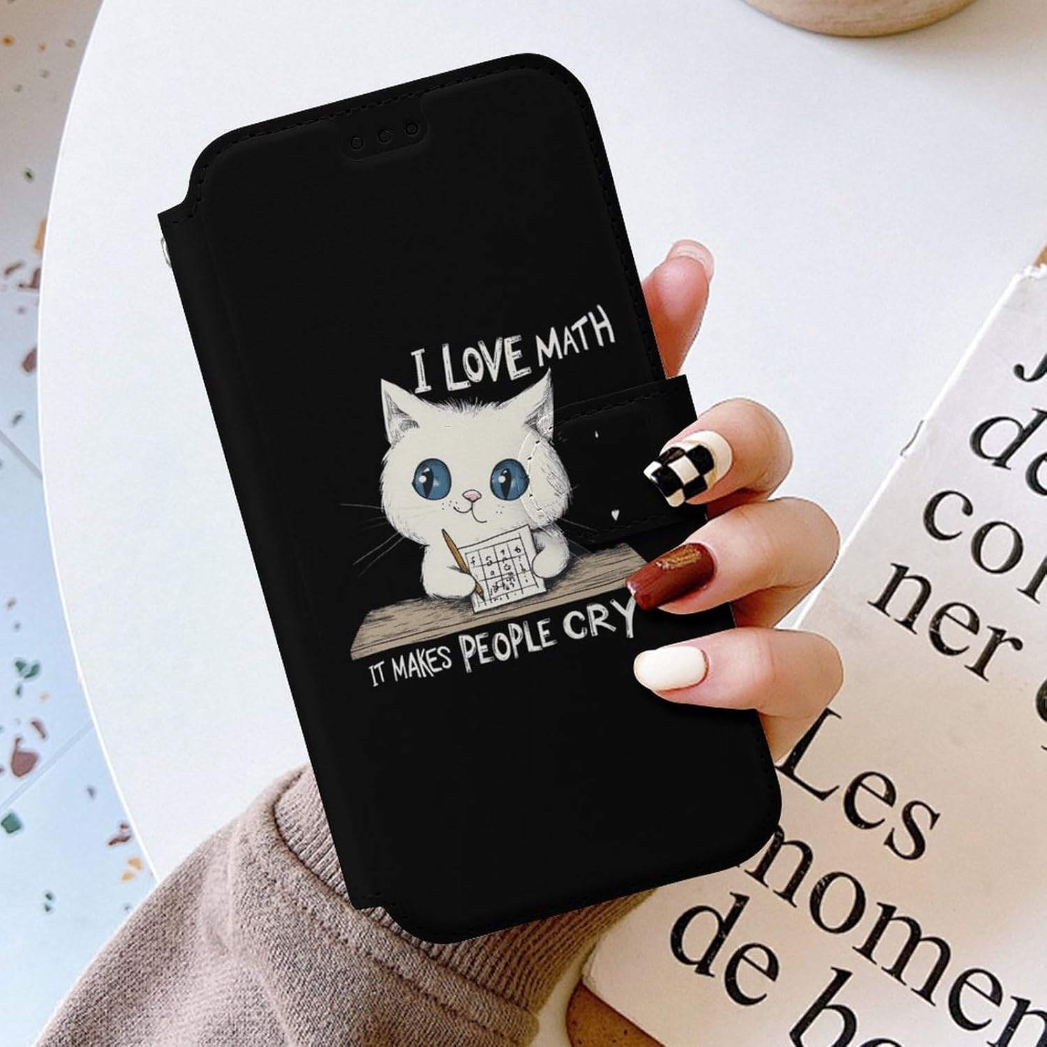Cats Love Math Compatible with iPhone 16/16 Plus/16 Pro/16 Pro Max/16 E Case Phone Wallet Card Holder Flip Cover with Wrist Strap