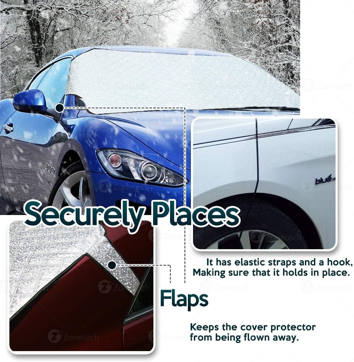 Zone Tech 2-Piece All Weather Windshield Cover Protector - Silver Premium Quality Summer Winter Rear and Front Windshield Cover Protector with Flaps with Side Mirror Cover