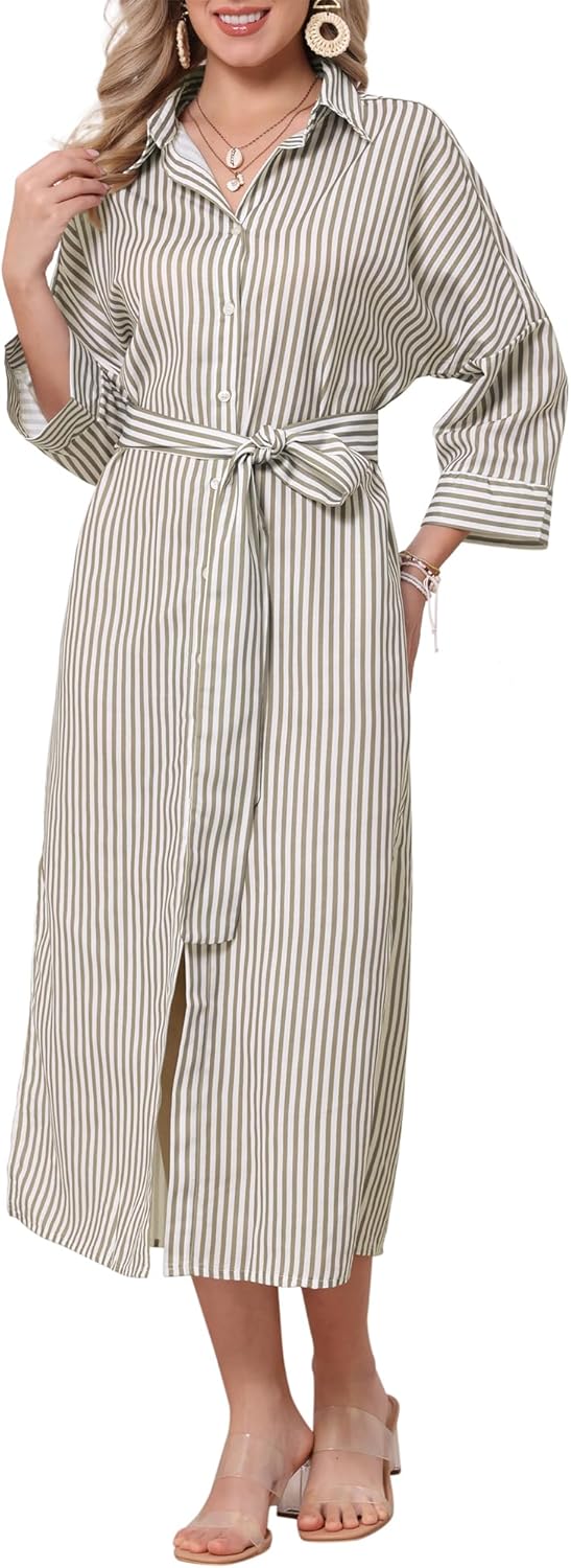 Allegra K Casual Stripe Shirt Dress for Women's 3/4 Sleeve Button Down Split Belted Midi Shirtdress