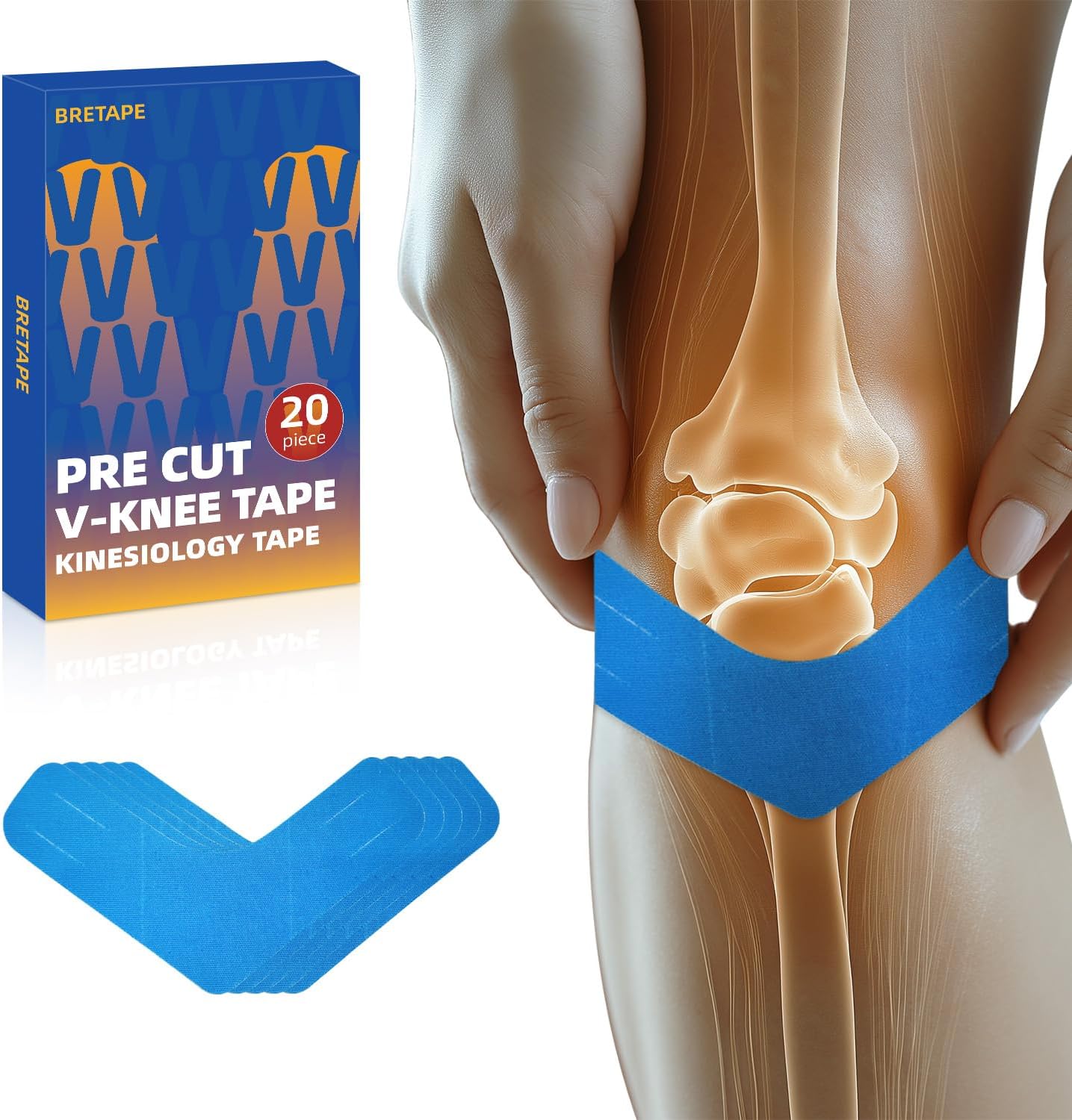 Kinesiology Tape – Waterproof and Hypoallergenic Athletic Tape for Muscle Support, Knee, Shoulder, and Ankle, 20 Strips (V-Knee-Beige)