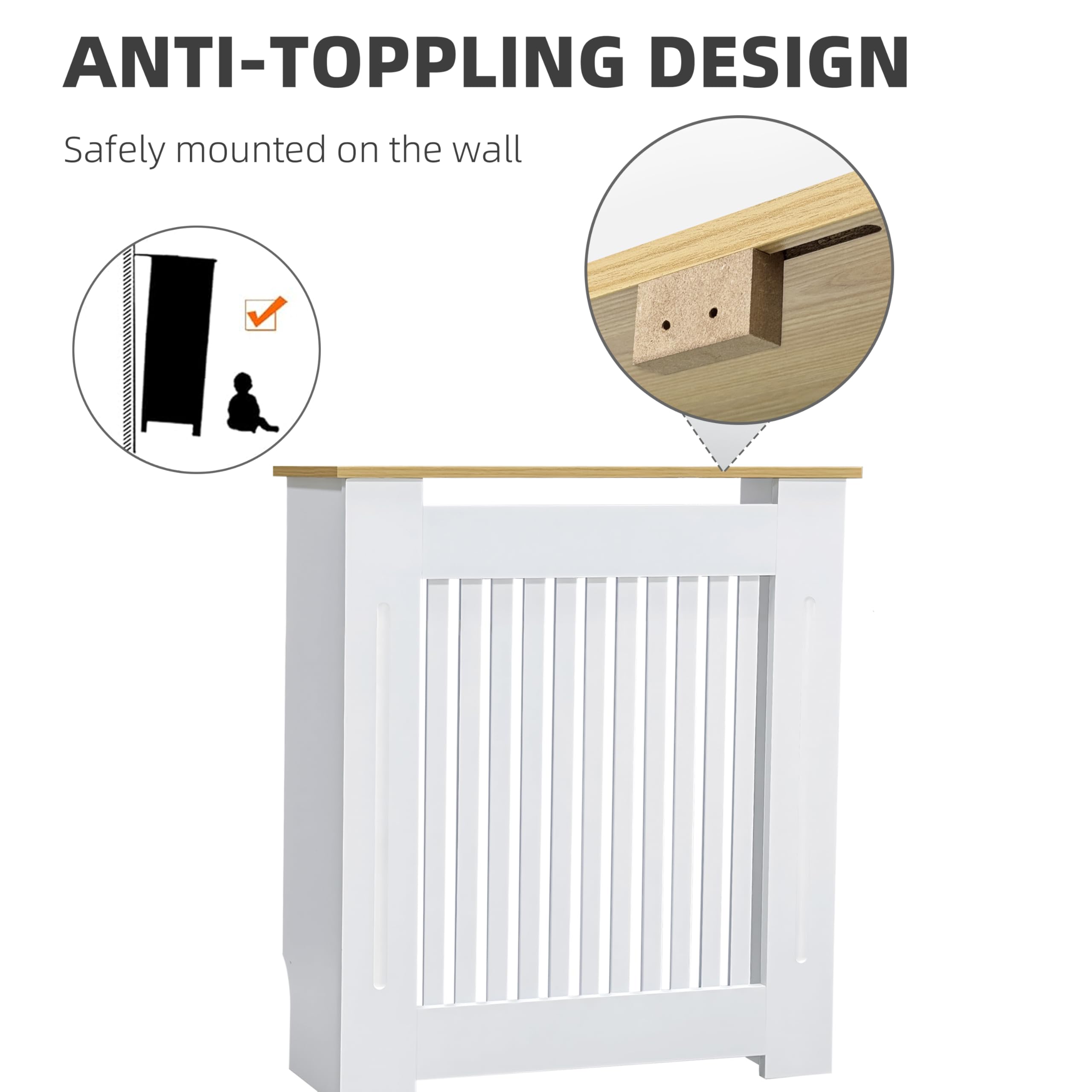FATIVO Cubre Radiadores Blanco Moderno: 78x20x83 cm Cubre Radiador de MDF, Cubreradiador con Estante de Veta de Madera, Consola Auxiliar para Salón y Pasillo, Diseño Reforzado y Duradero