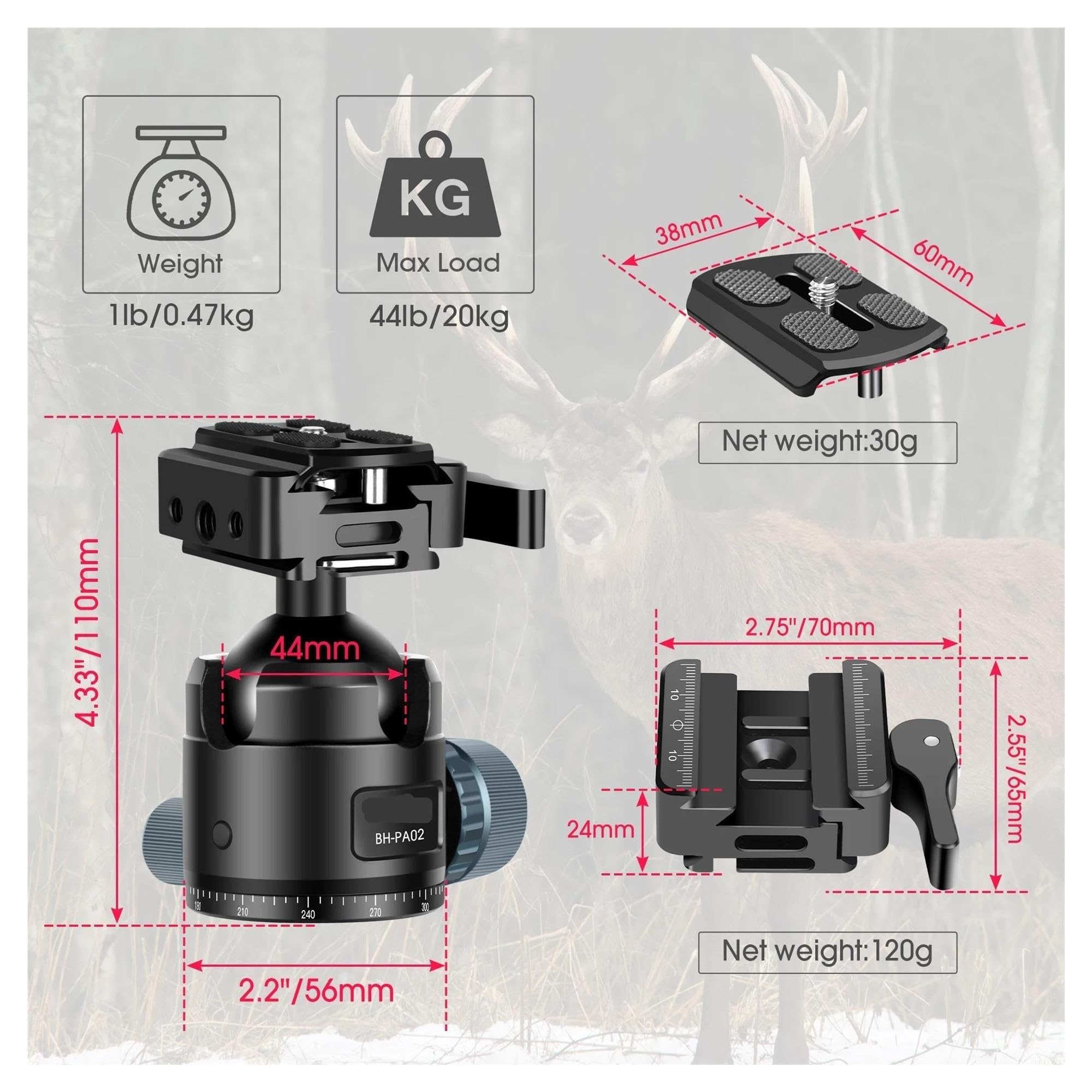 BH-PA02 Testa a sfera Arca da 44 mm, carico di 20 kg