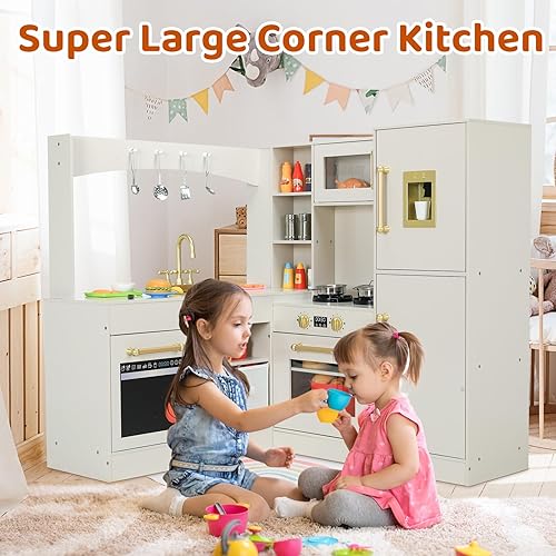 Miniatura 8 de Arlopu Cocina esquinera de madera con luces y sonidos, juego de juguete de cocina con utensilios, horno, microondas, estufa, dispensador de agua