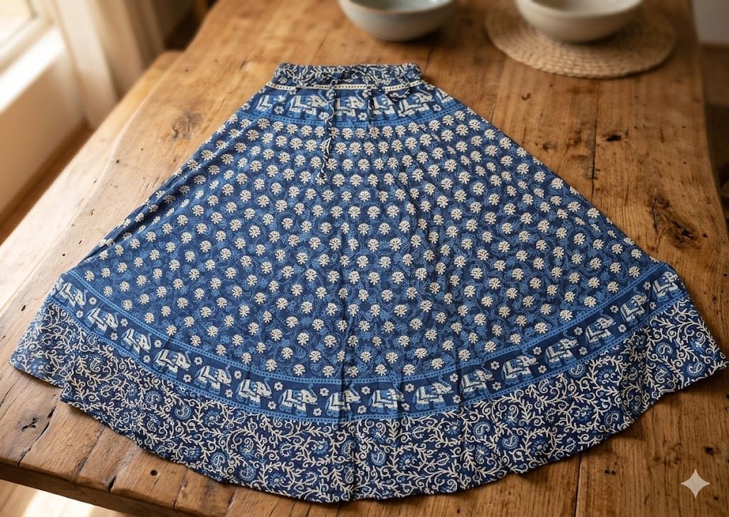 Rastogi Handicrafts Women’s Bohemian Print Cotton Long Skirt Pareo Beach Wrap Cover up Elastic Waist One Size Waist 22"-39"
