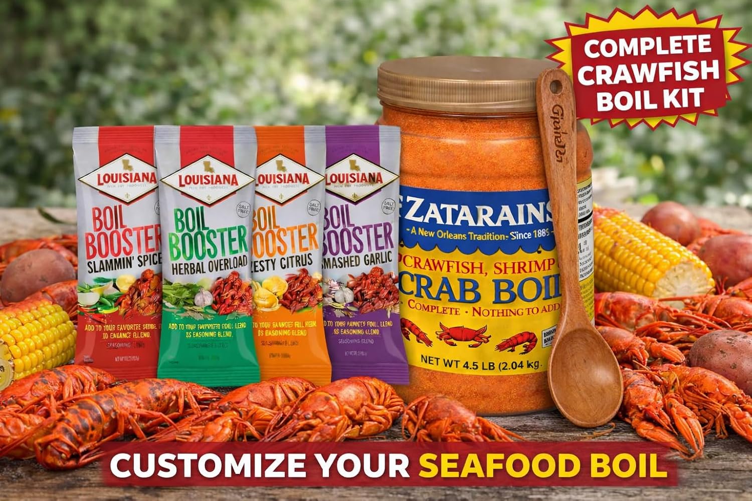 GeauxDat Cajun Favrits Seafood Boil Seasoning Bundle, 4.5 lb Crawfish Shrimp & Crab Boil, 4 Flavor Booster Blends, Garlic, Citrus, Herbal, Spice, Wooden Spoon