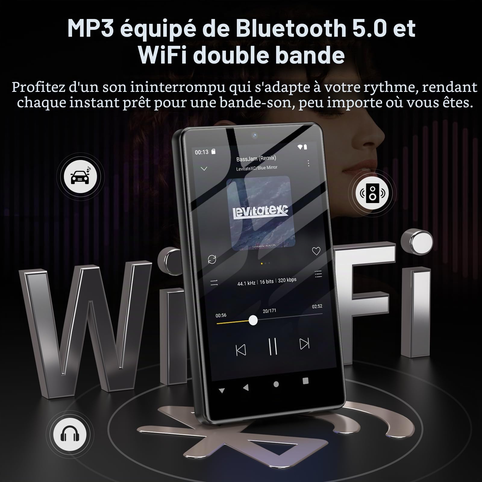 Lecteur MP3 32Go avec Bluetooth et WiFi, Caméra, Oilsky 4,02" Android 13 Lecteur de Musique HD avec Spotify, Audible, Deezer, MP4 écran Tactile et Haut-parleurs