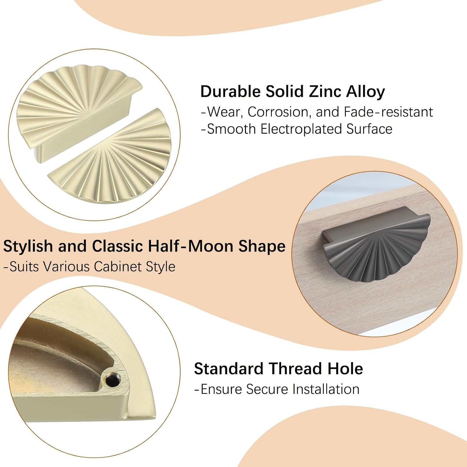 Half Moon Cabinet Pulls Zinc Alloy Drawer Pulls Cabinet Handles Knobs with Screws, 2.5 Inch Hole Center Fit for Cabinets Drawers Wardrobes - Semicircle (10 Pack, Brushed Gold)