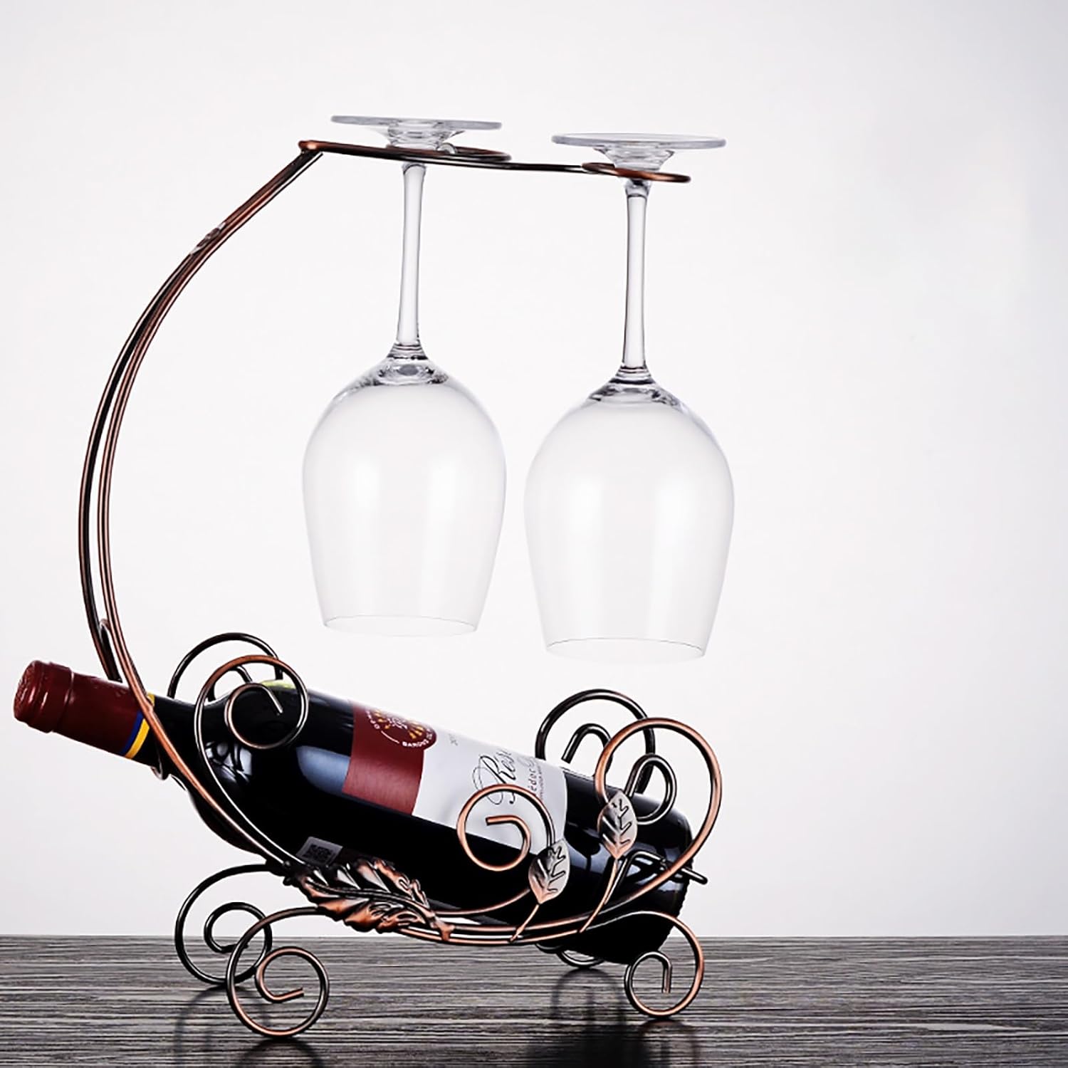 Freestanding Wine Holder, Tabletop Metal Wine Bottle Rack, Elevated Vertical Countertop Wine Glass Display Organizer, Holds 1 Bottle 2 Glasses, Plating Craft, for Cabinet, Pantry, Wine Bottle Storage