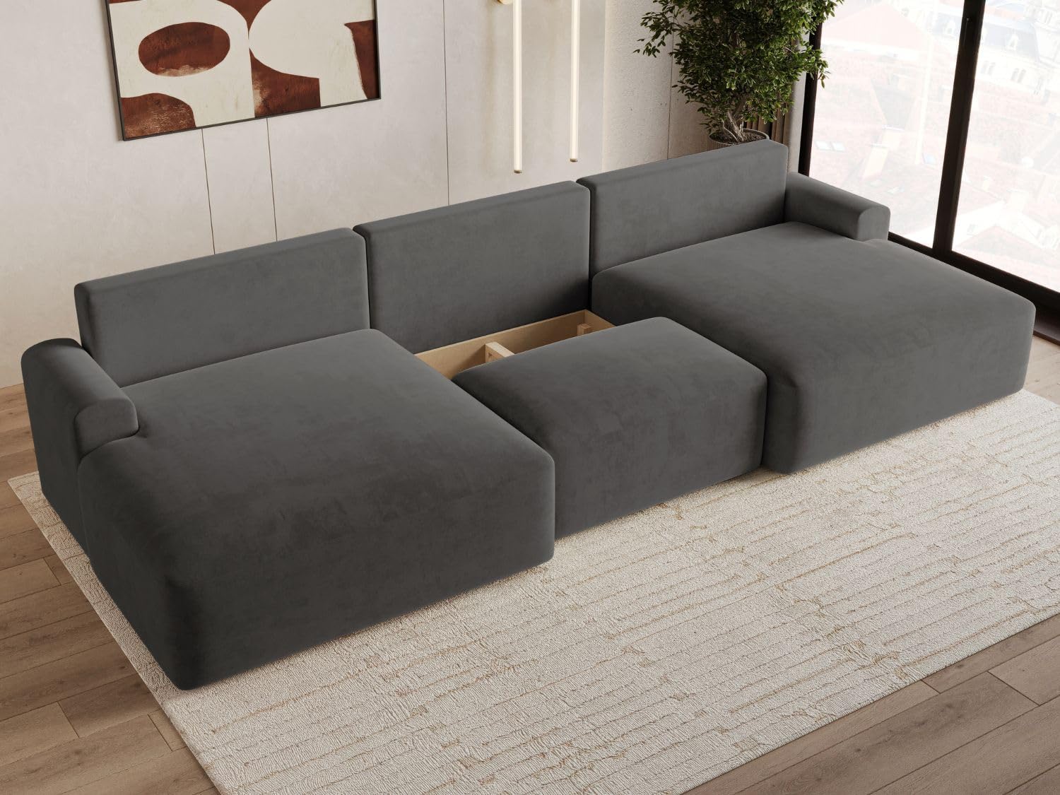 GRAINGOLD Serene U Ecksofa mit Schlaffunktion & Bettkasten 391x145 cm, U-Form Sofa mit Stauraum, Schlafcouch für Wohnzimmer, Velvet-Stoff, 5-Sitzer Wohnlandschaft, Modernes Design (Dunkelgrau)