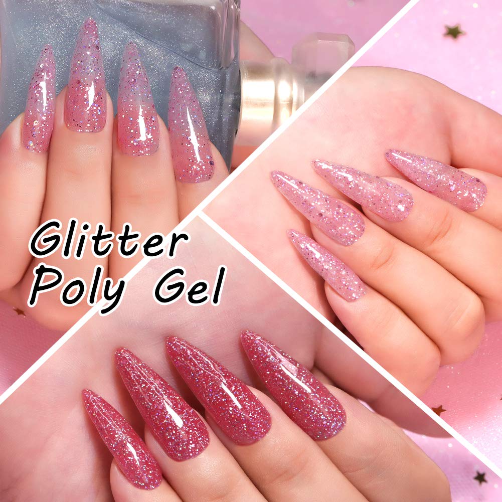 Morovan Poly Nail Gel Kit Glitter Builder Gel for nails 2 Colors 30ml Nail Extension Kit Shiny Platinum Shimmer Poly Nail Gel with Slip Solution Top Base Coat and Basic Tools Poly Nail Gel Kit