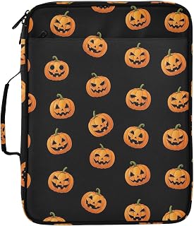 180° Flat-Lay Binder Organizer Bag with 3-Ring Binder Board and 7-Pocket Accordion Index with Elastic Pen Loops Organizer for Multi-Subject Homework, Orange Pumpkins Black