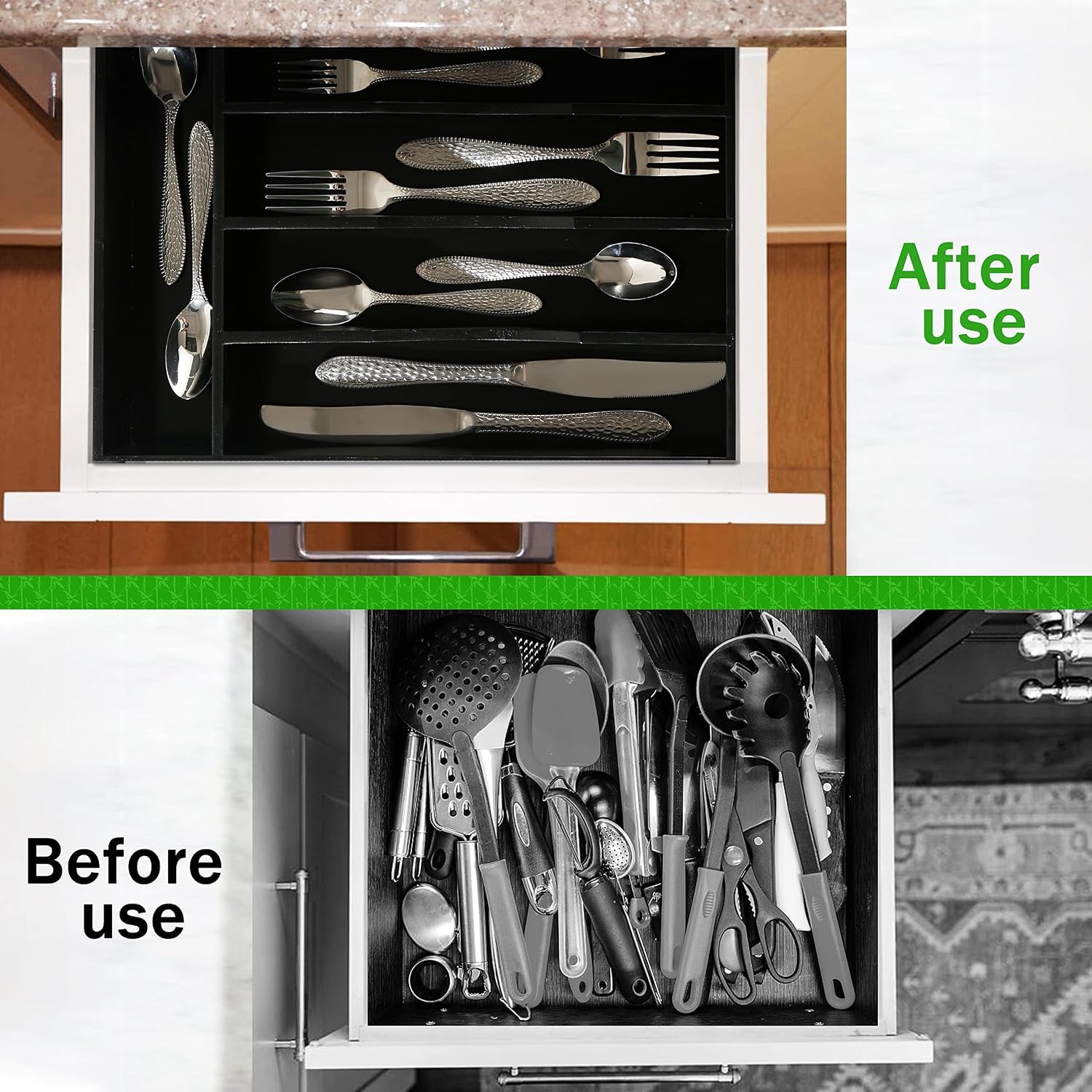 Greenual Besteck-Organizer, 25,4 cm, Besteck-Organizer für Schublade, Besteck-Organizer für Küche, Bambusholz, Schwarz