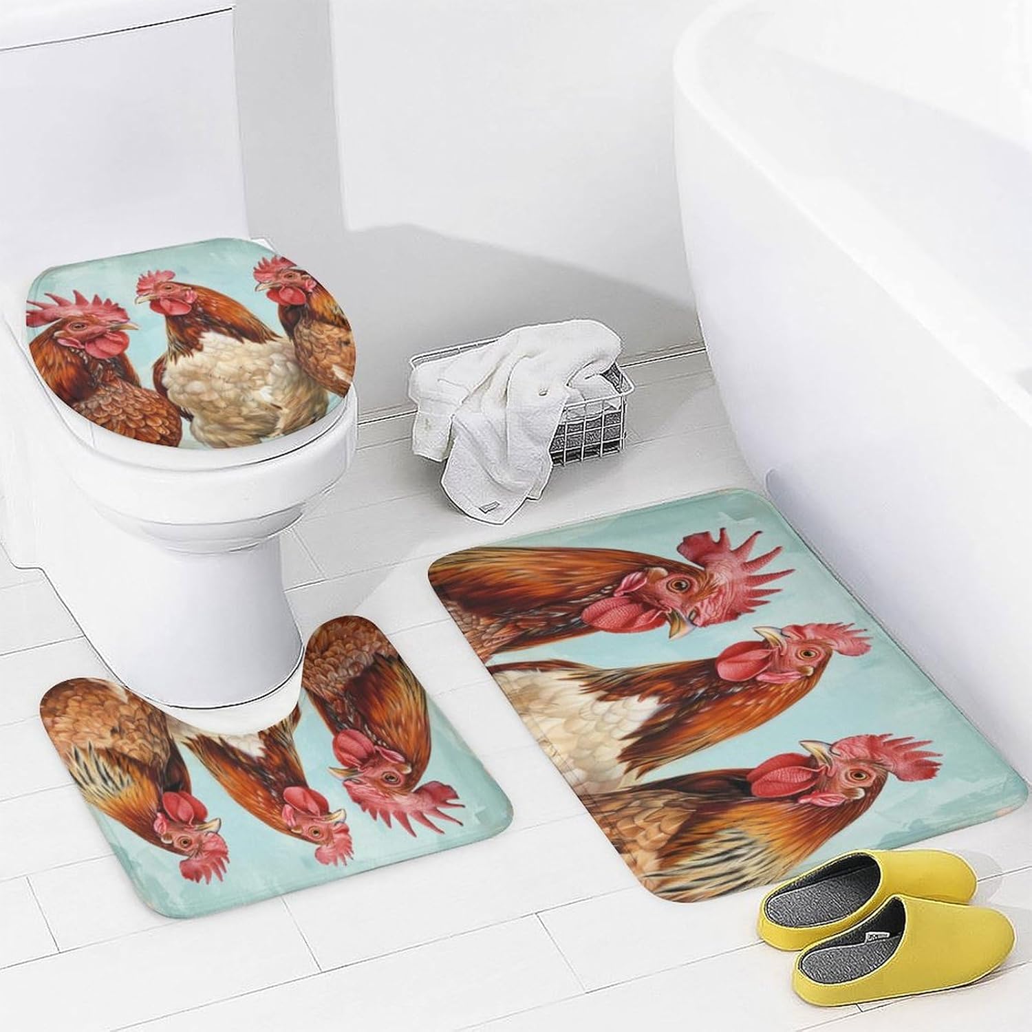 4PCS Modern Animals Bathroom Set with Rugs and Toilet Lid Cover Rustic Farmhouse Chicken Waterproof Shower Curtain Set for Bathroom Decor