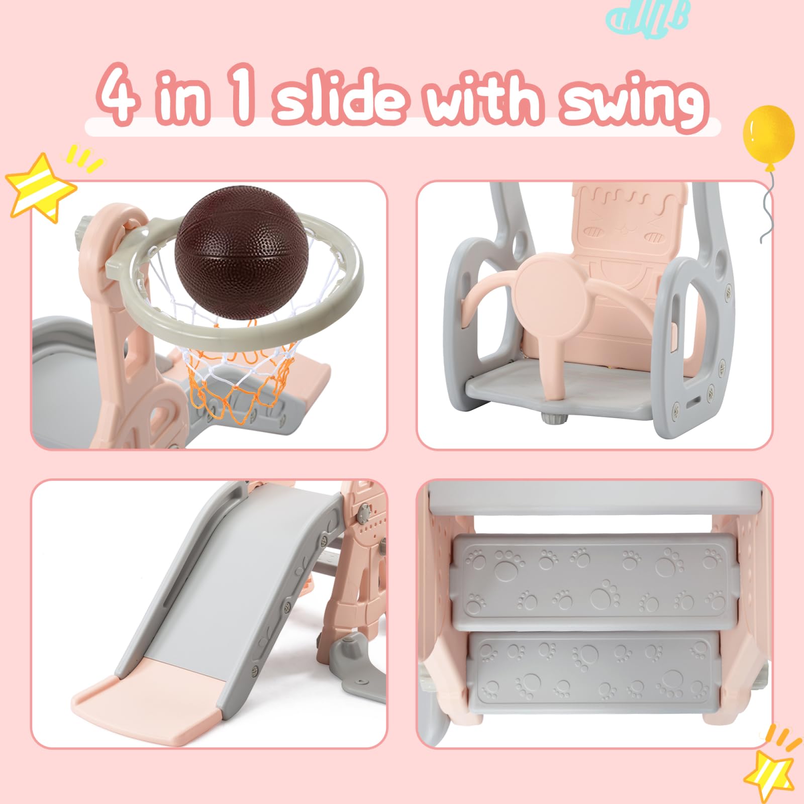 Tobogán infantil 4 en 1, columpio, juego de toboganes infantiles con escaleras, columpio, tobogán y soporte de baloncesto, rosa