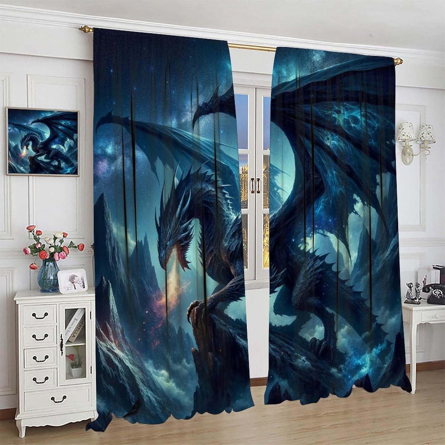 Dragon Blackout Curtains,Black Galaxy Magical Animal Dragon Pattern Drapes Window 2 Panel Rod Pocket Curtain for Boys Room Nursery Bedroom Decor 21" W X 45" L