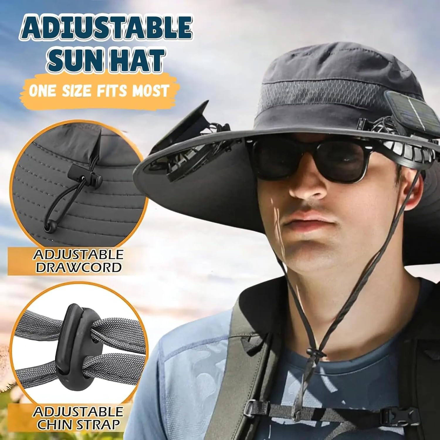 Solar Fan Hat,Outdoor Wide Brim Sun Hat with 2 Built-in Solar Fans,UPF 50+ Bucket Fishing Solar Fan Hats for Men Women