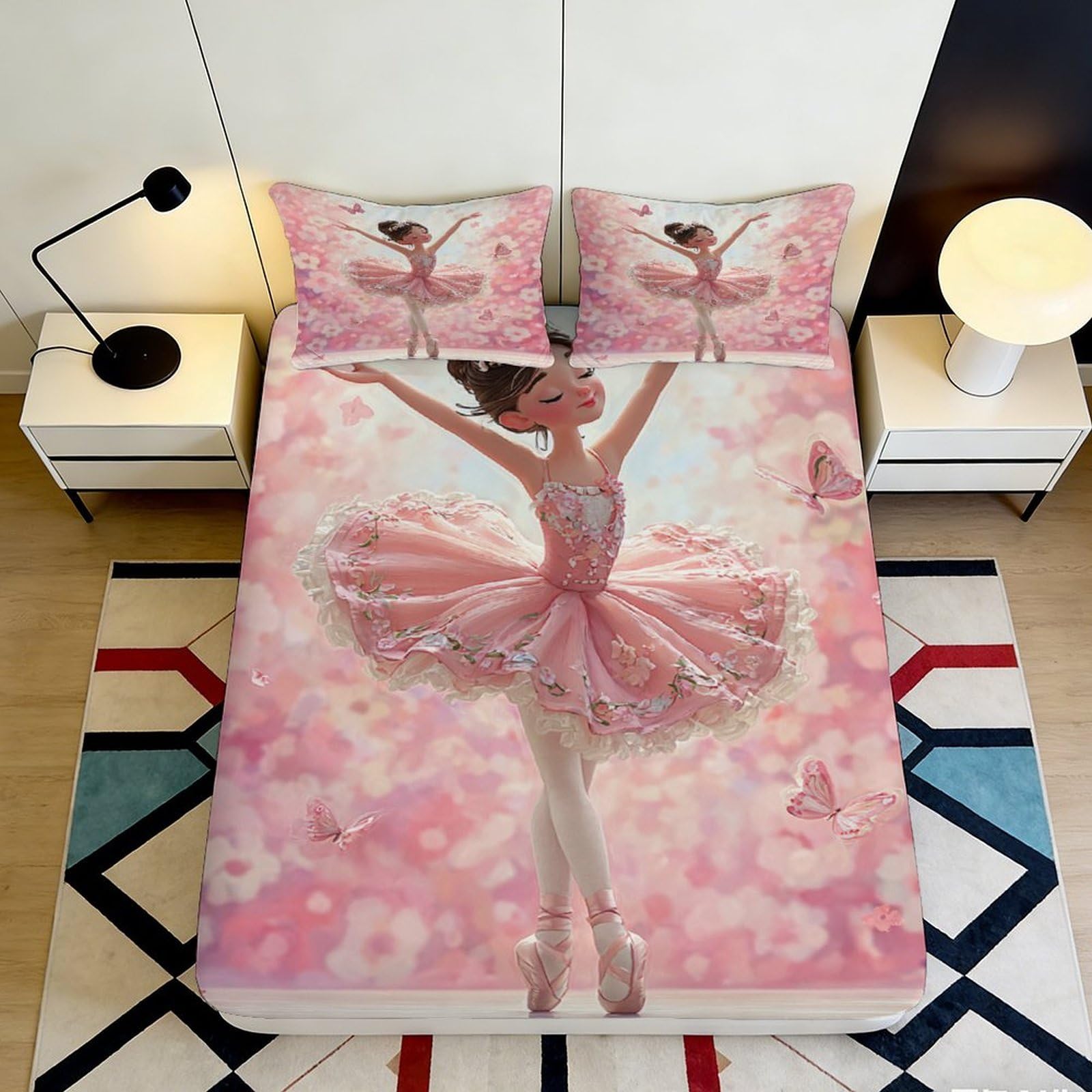 3D Printed Ballet Dancer Fitted Sheet Microfiber Pink Bedroom Decor Floral Mattress Cover for Adult Teen Guest Room 90x200x25cm