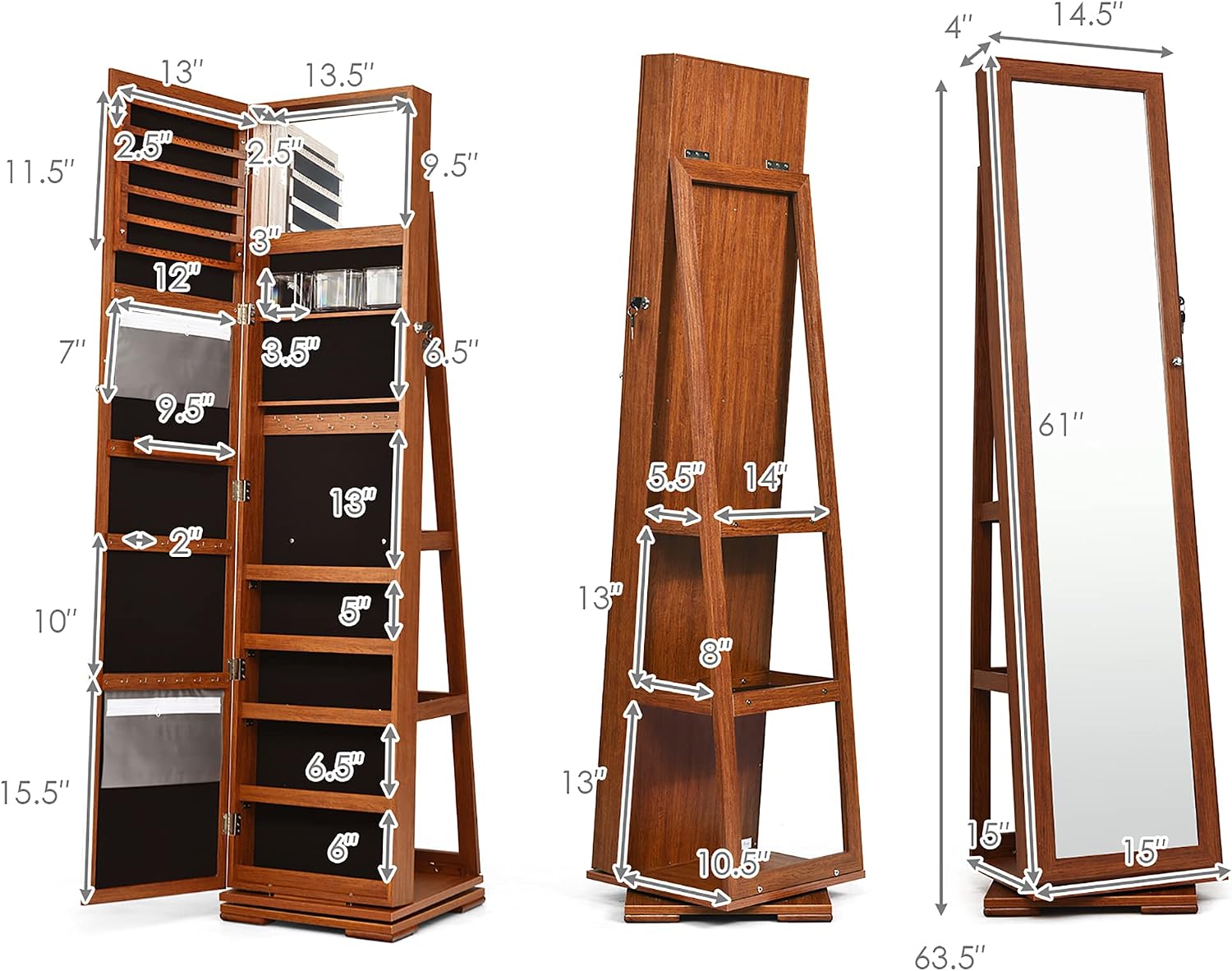 DORTALA 360 Rotating MirroredJewelry Cabinet,2-in-1 Lockable Large Capacity Jewelry Organizer, Inside Makeup Mirror, 78 Ring Slots, 24 Necklace Hooks, 120 Earring Slots, Brown