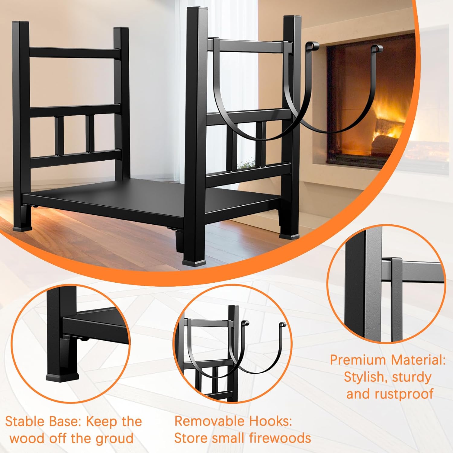 GREENER Small Firewood Rack Indoor Log Holder Wood Storage For Fireplace, Heavy Duty Metal Firewood Holder with Removable Holders, Up-Loaded to 120lb, Size: 17.7“L*11.8 W*16.2 H